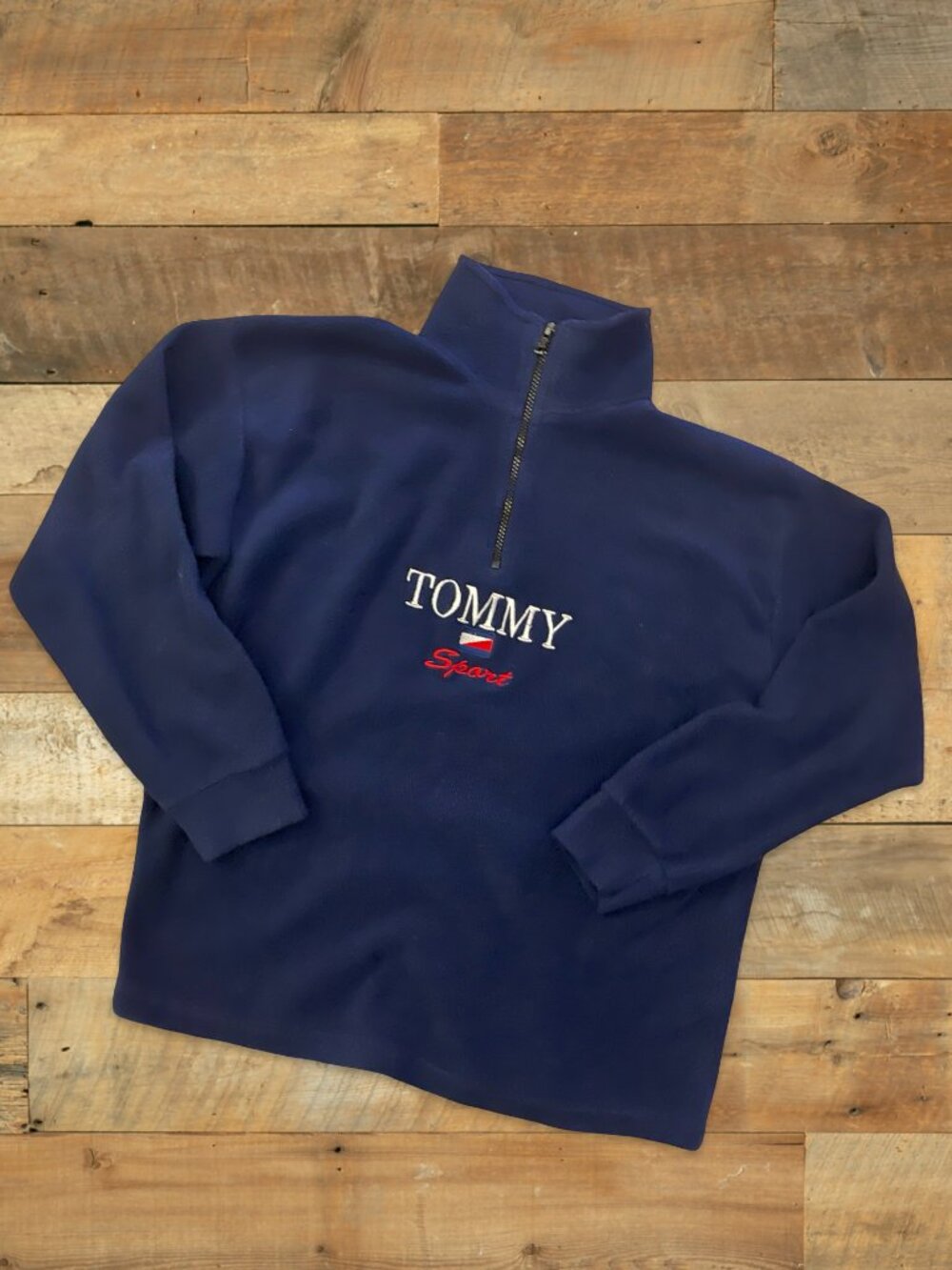 Vintage Tommy Sport Fleece Quarter Zip Spellout Pullover Navy Y2K 90s Made Canad - Picture 2 of 9